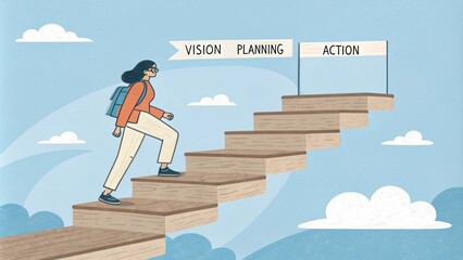 Young student climbing a stairway to success, passing through the steps of vision, planning and action, achieving goals and overcoming challenges
