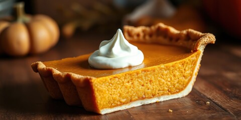 A delectable slice of pumpkin pie, adorned with a dollop of whipped cream, rests on a rustic wooden surface.