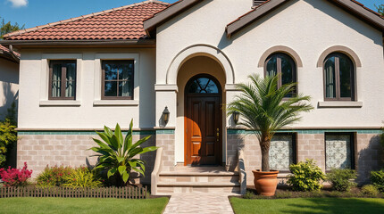 Fototapeta premium Single-Story Residence with Arched Entryway and Landscaping