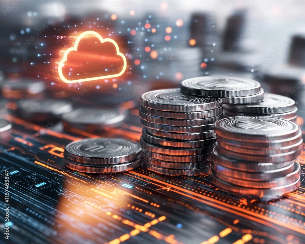 Poster stacks of coins with cloud computing concept and digital connections in modern finance