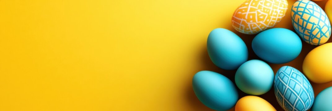 Brightly colored Easter eggs are beautifully arranged against a vivid yellow background, creating a festive and joyful atmosphere for springtime celebrations and family gatherings