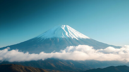 Majestic snow-capped Mount Fuji rises above a sea of clouds under a vibrant blue sky.