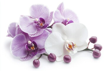Elegant Purple and White Orchid Flowers on White Background for Floral Design Use