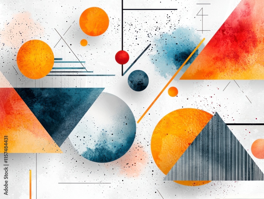 Poster abstract geometric composition with colorful shapes and textures on white background