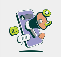 Smartphone with a megaphone, social media icons, and speech bubbles, symbolizing digital marketing, communication, and engagement. Colorful isometric vector illustration