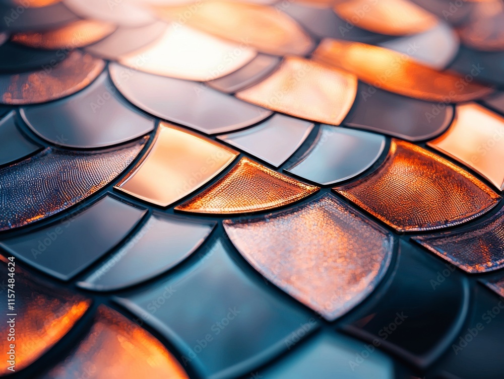 Poster colorful textured background of shiny overlapping scales in warm tones and patterns