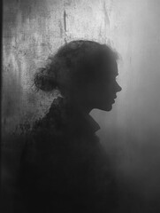 A silhouette shot through foggy bathroom glass. The atmosphere is foggy and dreamy with black and white colors. 