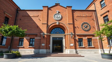 Obraz premium Fossano Hospital Entrance 2024 - Ancient Brick Architecture - Wide Angle Photo