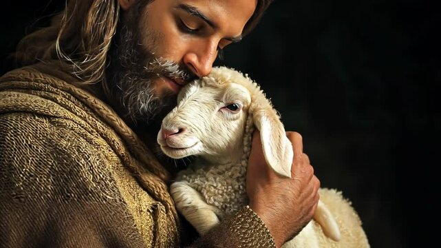 Jesus Christ cradling a lamb is a religious Christian symbol that represents protection, love, and peace.	