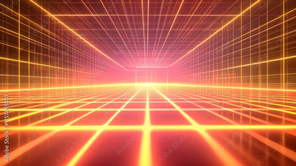 Poster dynamic neon grid animation virtual space 3d graphics futuristic environment aerial view digital con