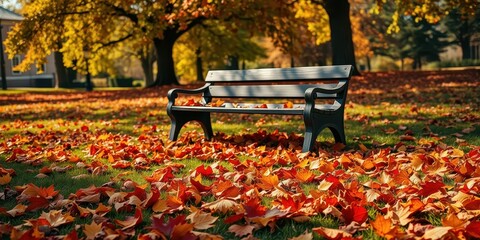 Serene autumn park bench scene with fallen leaves