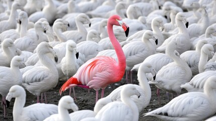 Obraz premium Unique Pink Flamingo Among White Birds in Nature Reserve Setting