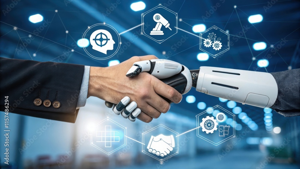 Poster businessman shaking hands with a robot, representing collaboration and innovation in artificial inte
