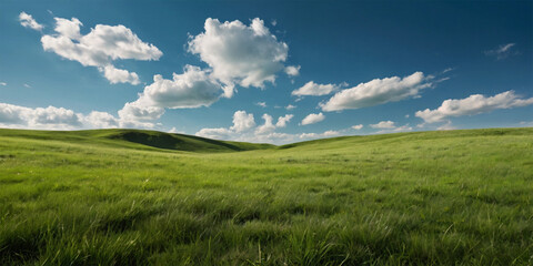 Obraz premium A vibrant green meadow stretches towards a boundless blue sky, dotted with fluffy white clouds
