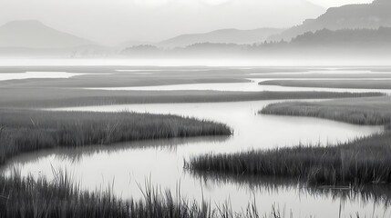 Fototapeta premium A winding river flows through the grassy marshland under a thick morning mist.