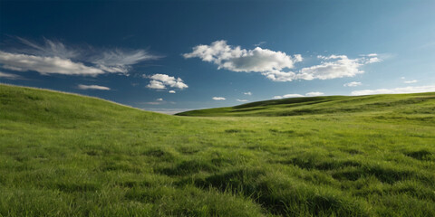Fototapeta premium A vibrant green meadow stretches towards a boundless blue sky, dotted with fluffy white clouds