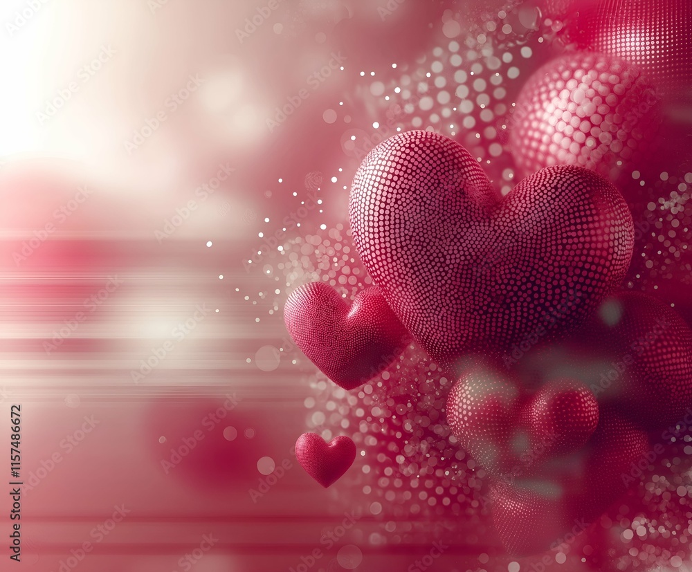 Poster a charming abstract design featuring textured pink hearts decorated with dotted patterns floating am