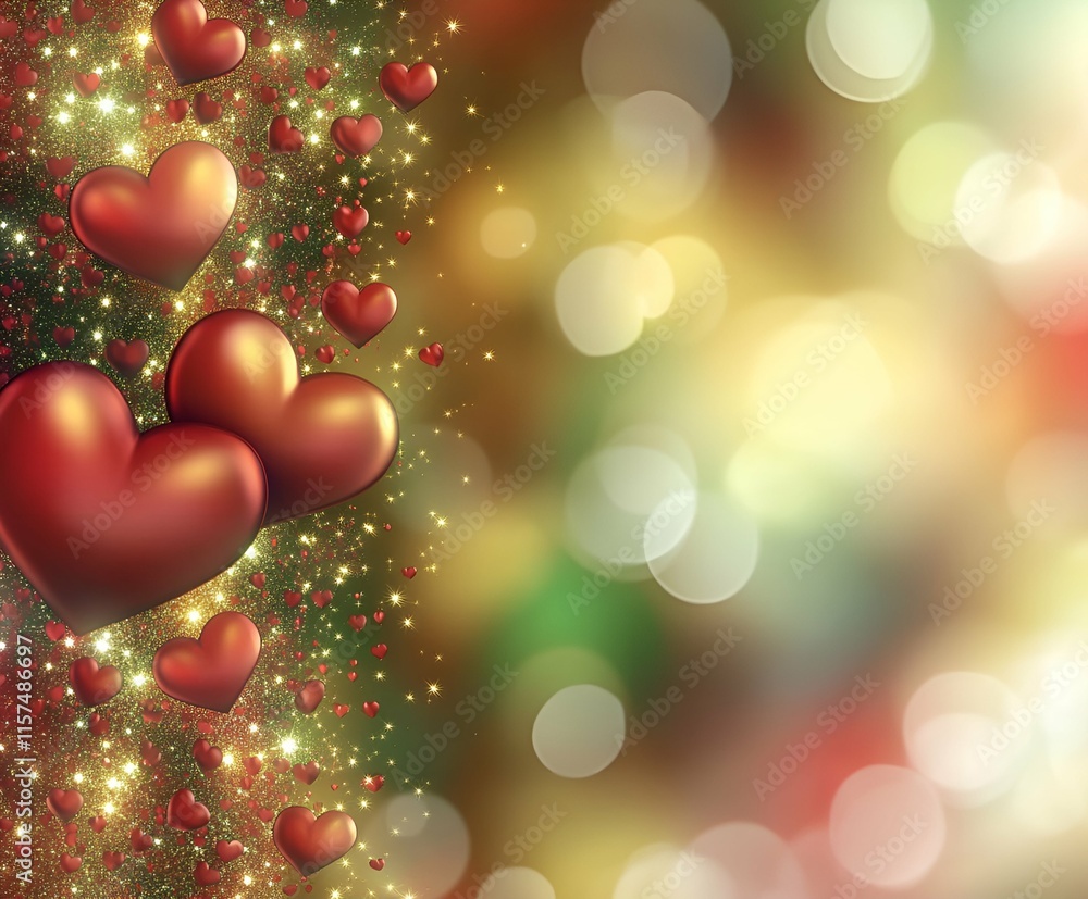 Poster a bright and festive abstract design with glossy red hearts cascading through a sparkling field of g