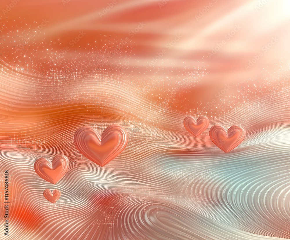 Poster a soft and romantic abstract design with pink and purple hearts floating among sparkling particles a