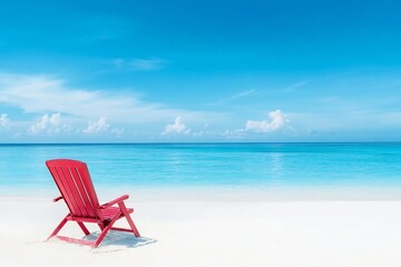 Vibrant Red Beach Chair in Tranquil Tropical Paradise by the Turquoise Ocean