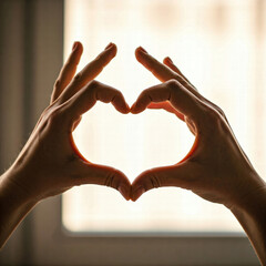 Hands forming heart shape in warm light, symbolizing love and connection