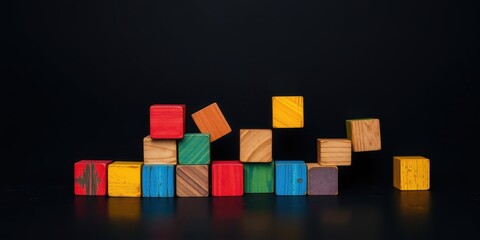Colorful Wooden Blocks Arranged in an Abstract Formation on a Dark Surface
