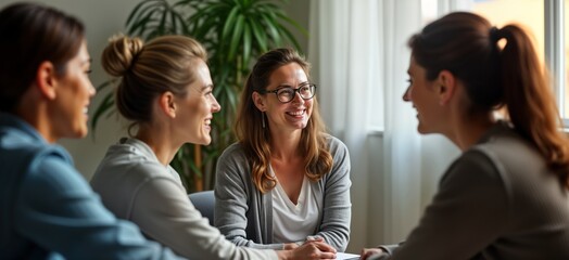 Group of women therapy session. Mature women sit in circle talking. Psychologist present. Empathetic care, support clearly visible. Discuss various issues. Relaxed, encouraging atmosphere. Care
