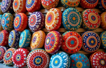Fototapeta premium Colorful hand-crafted round cushions displayed in souvenir shop at Dubai Old Souk. Decorative patterns, vibrant colors adorn cushion. Traditional Arab style bazaar offers unique souvenirs for