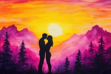 Fototapeta premium A beautiful painting depicting a man and a woman embracing each other with a tender kiss as the vibrant sunset casts its glow behind them. Sunrise or sunset in romantic nature settings. poster