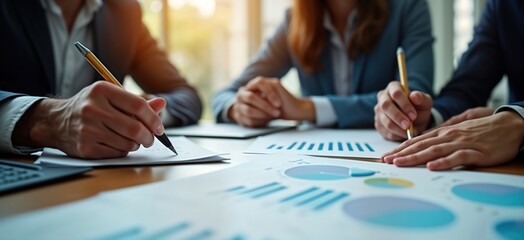 Business people brainstorm ideas together. Analyze charts, documents in meeting room. Team members collaborate on strategy. Papers with graphs, charts on table. Hands write on papers. Office setting.