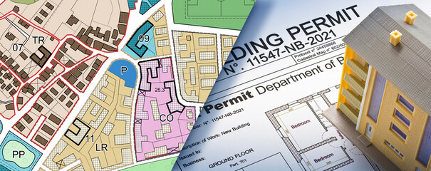 Building Permit concept with building approvation, condominium residential apartments ad imaginary...