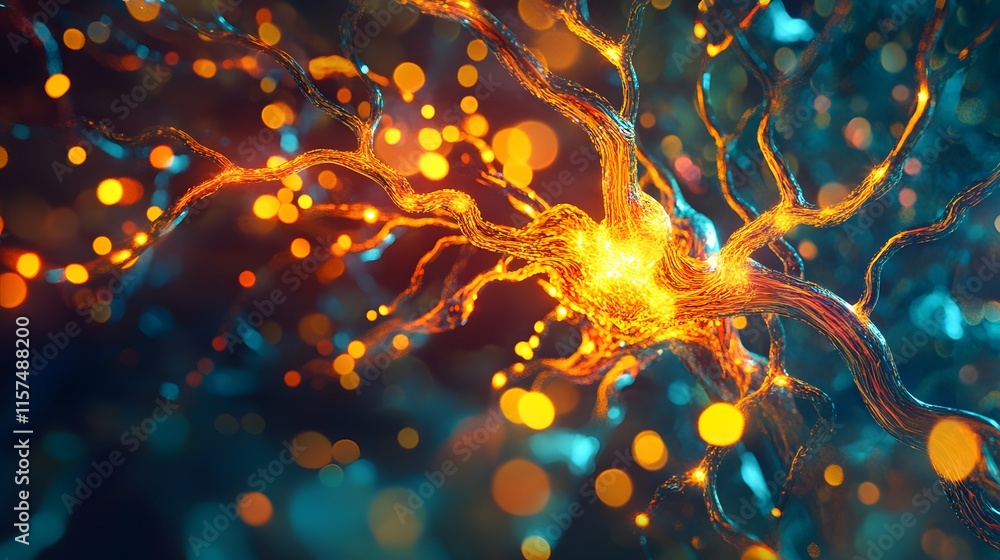 Poster exploring neural networks digital art abstract representation vibrant colors close-up view technolog