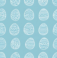 Fototapeta premium A seamless pattern of white line-drawn Easter eggs on a light blue background, easter seamless pattern