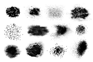 Set of granular grainy black spots of various shapes and densities. Texture brushes in form of spray, granules, grains of sand with soft uneven edge. Vector isolated illustration. © Natalia