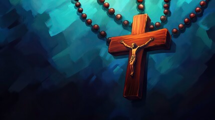 The wooden cross is part of a rosary with balls. Religious symbol. Illustration for cover, card, postcard, poster, brochure, etc.