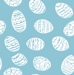 A seamless pattern of white line-drawn Easter eggs on a light blue background, easter seamless pattern