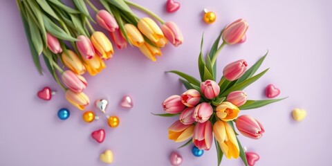 Lovely Pastel Tulips and Small Decorative Hearts on Lavender Background