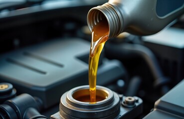 Oil pouring into car engine. Closeup view of fresh oil poured into engine. Maintenance work on vehicle. Pro servicing in progress. Automotive repair, lubrication concept. Car mechanic service. Engine