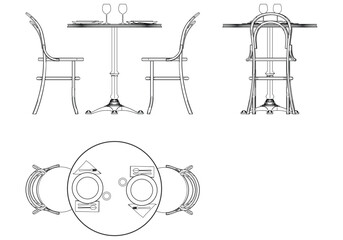Illustrated Outline of Dining Chairs and Table Set in a Restaurant with white background. Vector Illustration with Front, Side, and Top Views