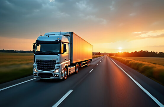 Modern -Benz Actros truck travels on highway at sunset. Commercial vehicle moves smoothly on road. Landscape rural with fields, trees. Light of setting sun highlights truck, road. Industry,