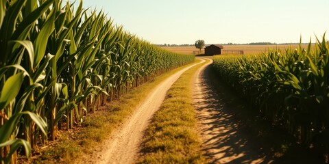 Serene Rural Roadway Through Lush Cornfields Leading to a Simple Structure