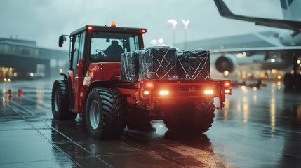Tow tractor pulling luggage carts at airport apron. Transporting luggage carts to the airplane