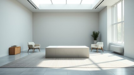 Modern minimalist waiting area with neutral tones and natural light