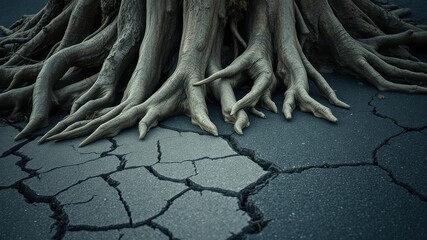 Fototapeta premium Ancient Tree Roots Emerging from Cracked Asphalt Surface