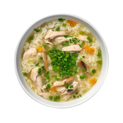 Chicken and Rice Soup in a bowl top view Isolated on Transparent Background, clipping path