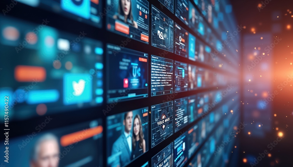 Poster digital screens display various info. tech screens show data streams, social media feeds. multi medi