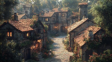 Obraz premium Enchanting Stone Village nestled among lush green trees
