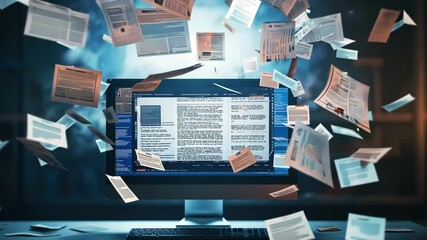 Computer screen displaying text editing software surrounded by floating documents, symbolizing digital data and information processing. 4K video - Powered by Adobe