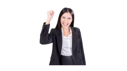 Happy young business woman raises one hands up, concept of victory and success, Studio shot  Cheering businesswoman with arms raised into fists celebrating successful of business fist up in powerful