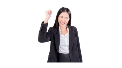 Happy young business woman raises one hands up, concept of victory and success, Studio shot  Cheering businesswoman with arms raised into fists celebrating successful of business fist up in powerful